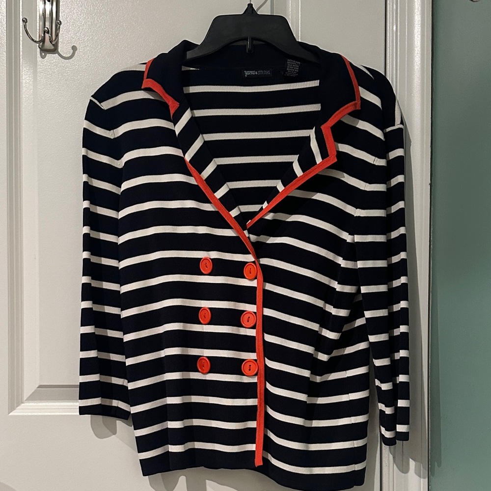 Navy Striped Jacket with Orange Trim